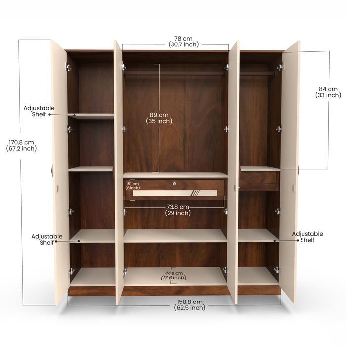 Andrie 4 Door Wardrobe with Mirror & Drawer |Maple & Beige