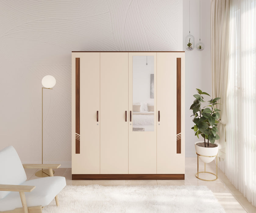 Andrie 4 Door Wardrobe with Mirror & Drawer |Maple & Beige