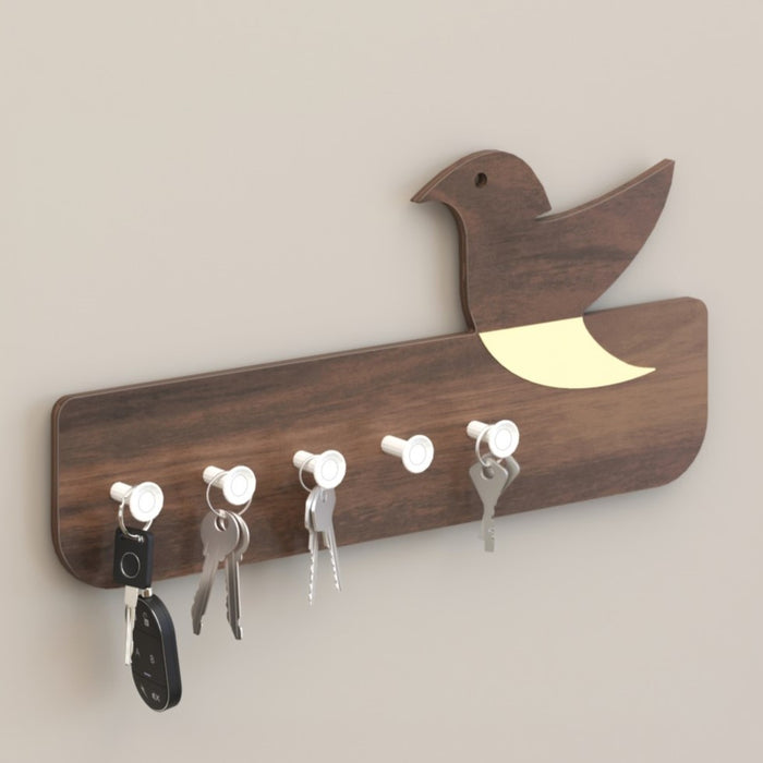 Edell Wall Mounted Decor Key Holder Hanger with 5 Knobs with a Bird Design (Brown Maple with White Knobs)