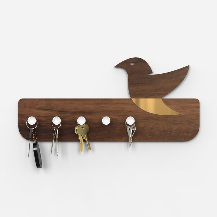 Edell Wall Mounted Decor Key Holder Hanger with 5 Knobs with a Bird Design (Brown Maple with White Knobs)