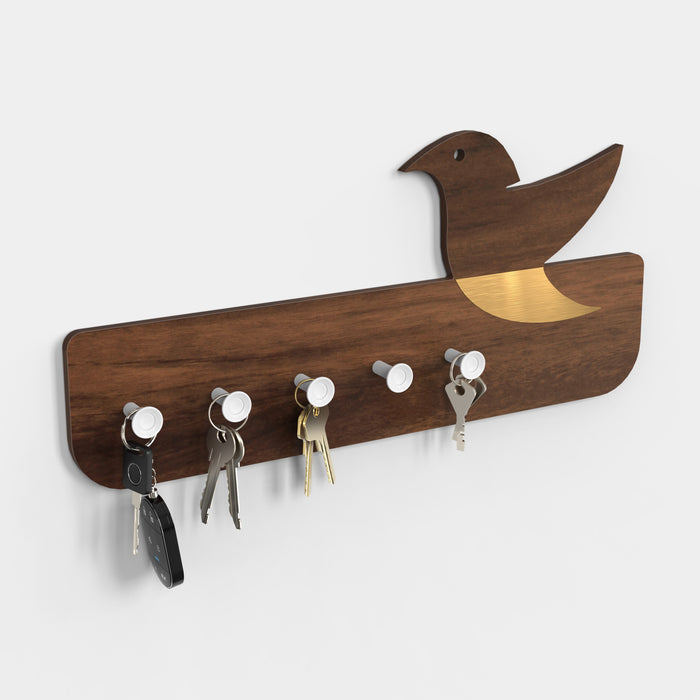 Edell Wall Mounted Decor Key Holder Hanger with 5 Knobs with a Bird Design (Brown Maple with White Knobs)