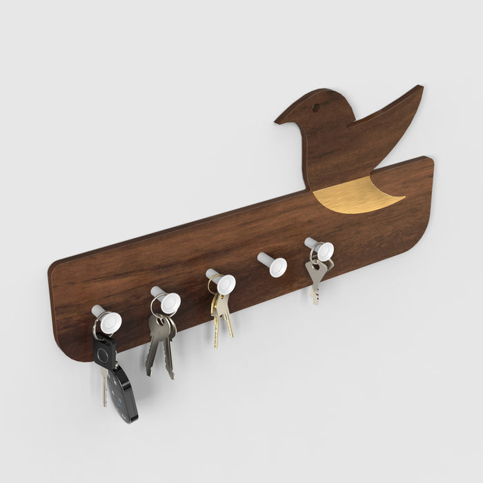 Edell Wall Mounted Decor Key Holder Hanger with 5 Knobs with a Bird Design (Brown Maple with White Knobs)