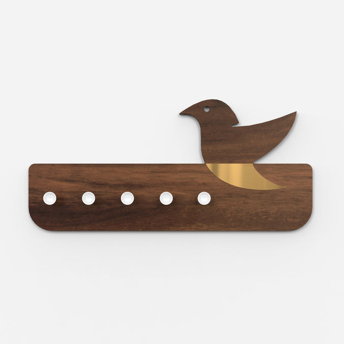 Edell Wall Mounted Decor Key Holder Hanger with 5 Knobs with a Bird Design (Brown Maple with White Knobs)