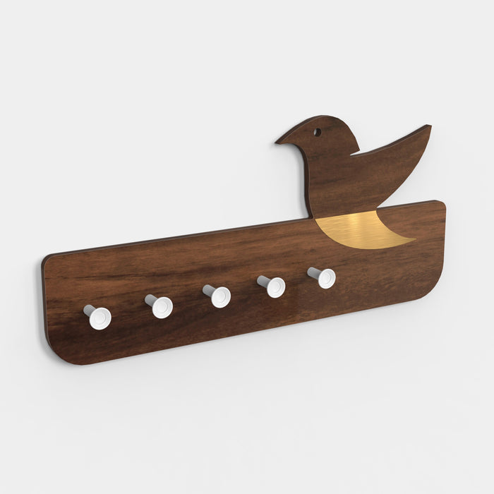 Edell Wall Mounted Decor Key Holder Hanger with 5 Knobs with a Bird Design (Brown Maple with White Knobs)