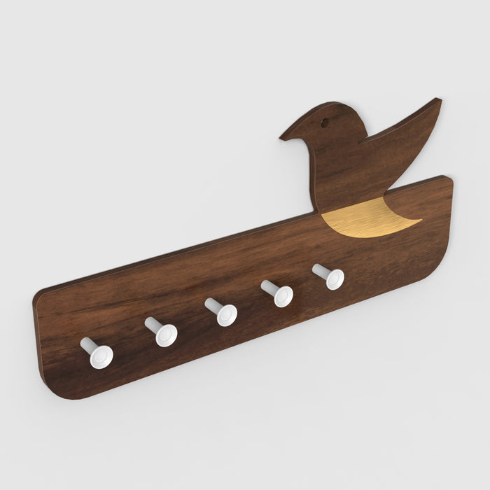 Edell Wall Mounted Decor Key Holder Hanger with 5 Knobs with a Bird Design (Brown Maple with White Knobs)