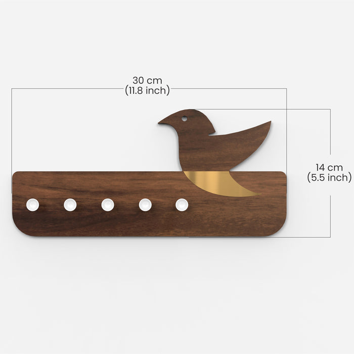 Edell Wall Mounted Decor Key Holder Hanger with 5 Knobs with a Bird Design (Brown Maple with White Knobs)