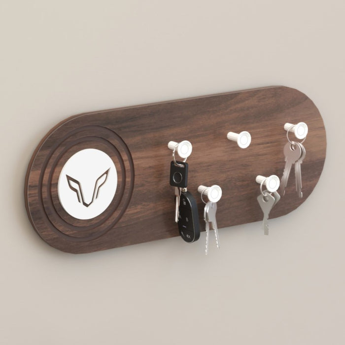 Walrore Wall Mounted Decor Key Holder Hanger with 5 Knobs and a Wolf Emblem for Living Room Home Furniture (Brown Maple with White Knobs)