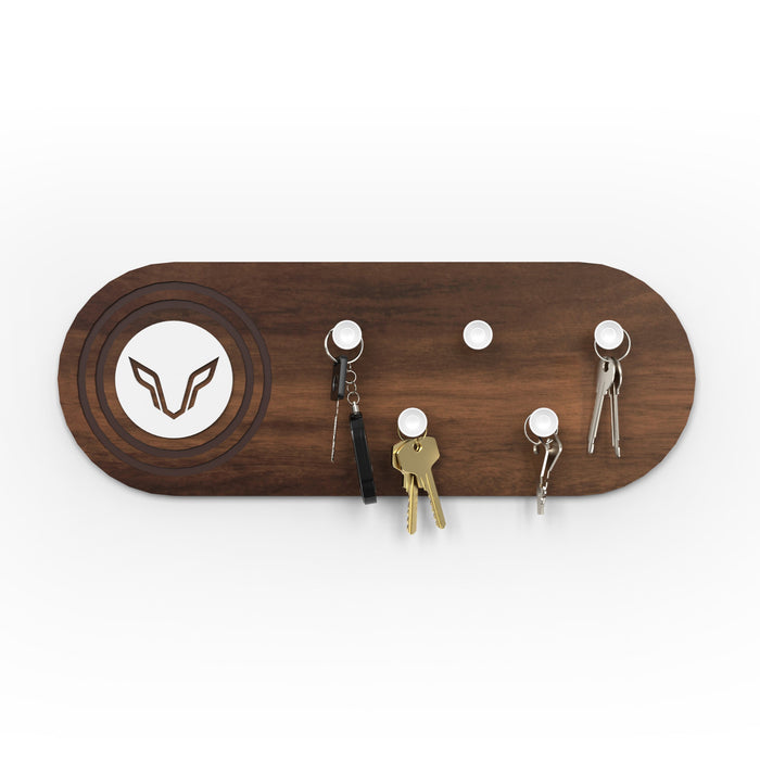 Walrore Wall Mounted Decor Key Holder Hanger with 5 Knobs and a Wolf Emblem for Living Room Home Furniture (Brown Maple with White Knobs)