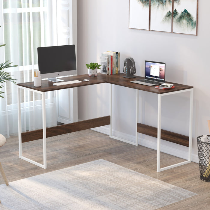 Corbyn L-Shape StudyComputer Laptop Table for Home or Office, WFH Desk (Brown Maple with White Metal Legs)