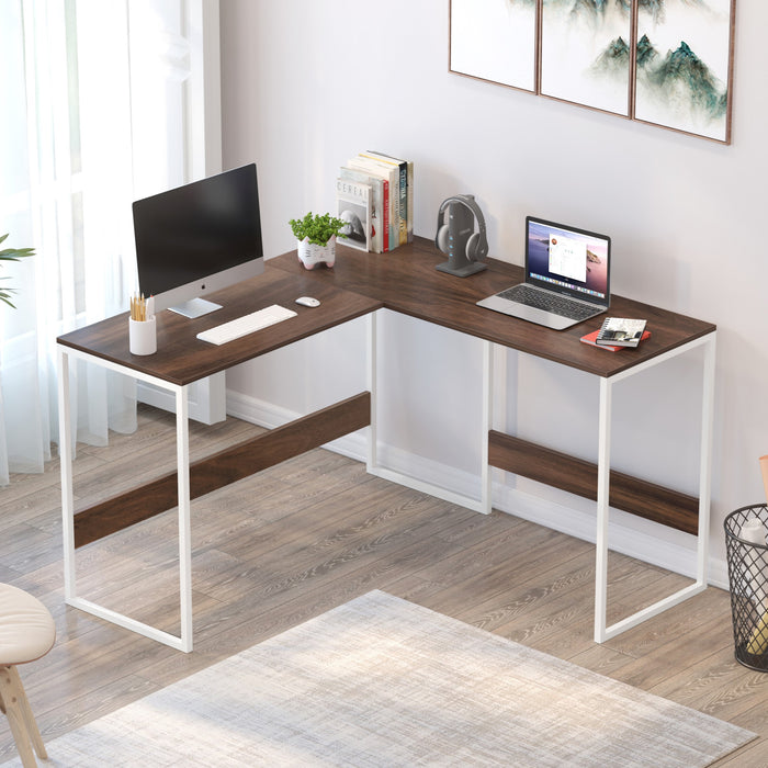 Corbyn L-Shape StudyComputer Laptop Table for Home or Office, WFH Desk (Brown Maple with White Metal Legs)