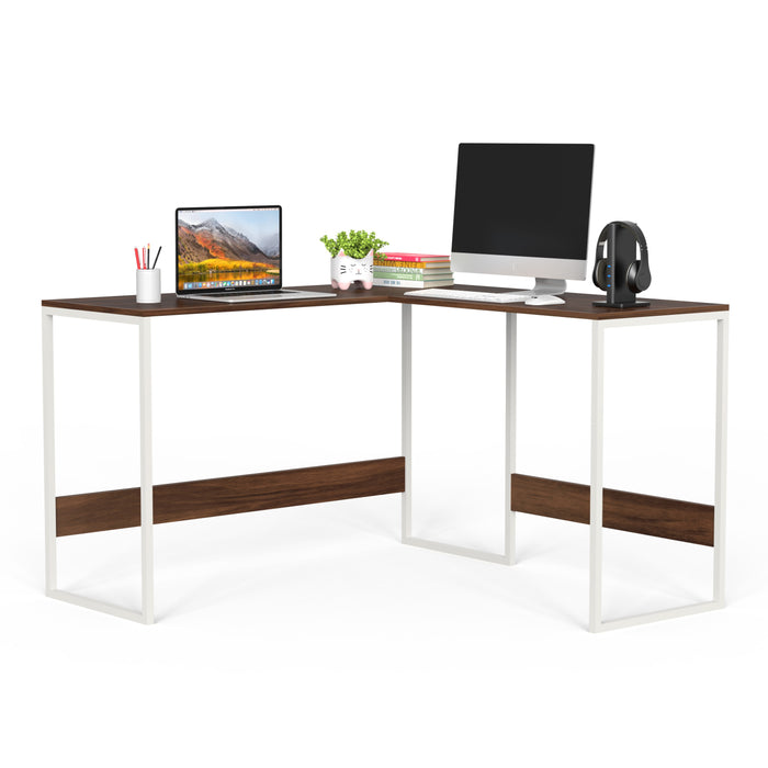 Corbyn L-Shape StudyComputer Laptop Table for Home or Office, WFH Desk (Brown Maple with White Metal Legs)