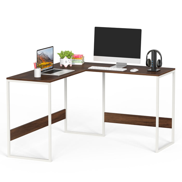 Corbyn L-Shape StudyComputer Laptop Table for Home or Office, WFH Desk (Brown Maple with White Metal Legs)