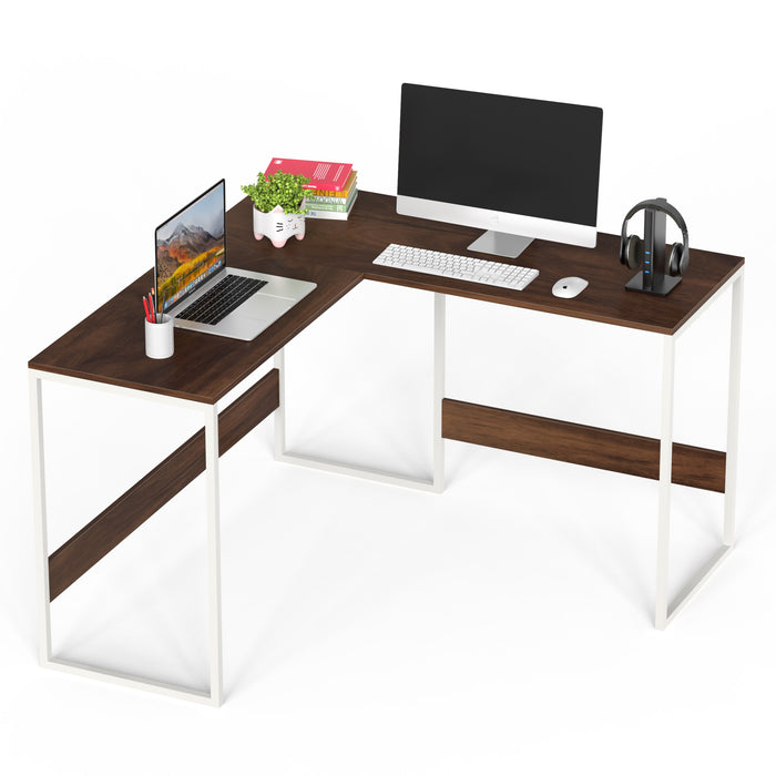 Corbyn L-Shape StudyComputer Laptop Table for Home or Office, WFH Desk (Brown Maple with White Metal Legs)