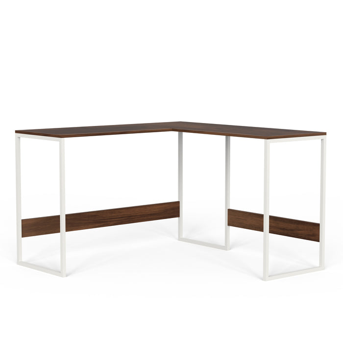 Corbyn L-Shape StudyComputer Laptop Table for Home or Office, WFH Desk (Brown Maple with White Metal Legs)