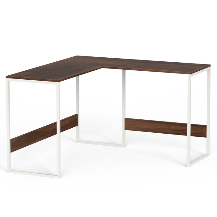 Corbyn L-Shape StudyComputer Laptop Table for Home or Office, WFH Desk (Brown Maple with White Metal Legs)