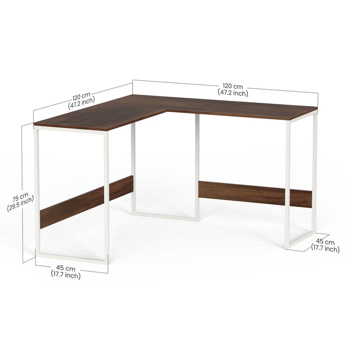 Corbyn L-Shape StudyComputer Laptop Table for Home or Office, WFH Desk (Brown Maple with White Metal Legs)