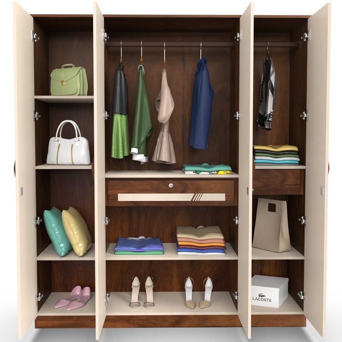 Andrie 4 Door Wardrobe with Mirror & Drawer |Maple & Beige